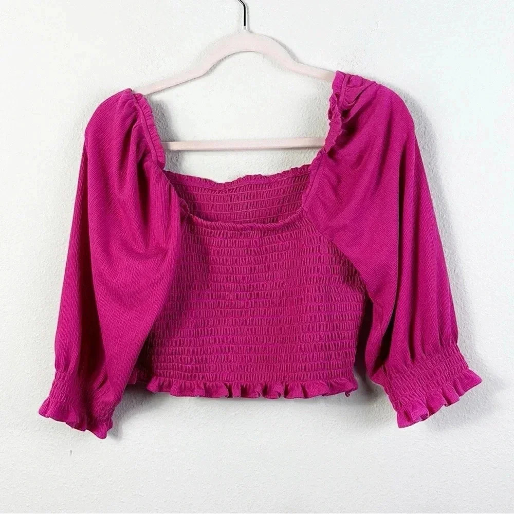 Free People Brenyce smocked  Boho top blouse ruffled sleeves jungle flower SZ M - Picture 5 of 14